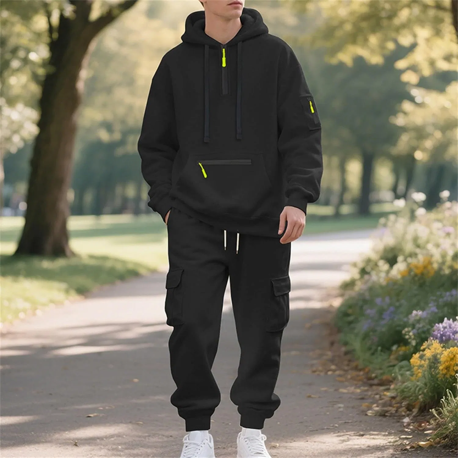Мужской спортивный костюм Oversized с Zip-застежкой, толстовка и штаны, Black — фото 2