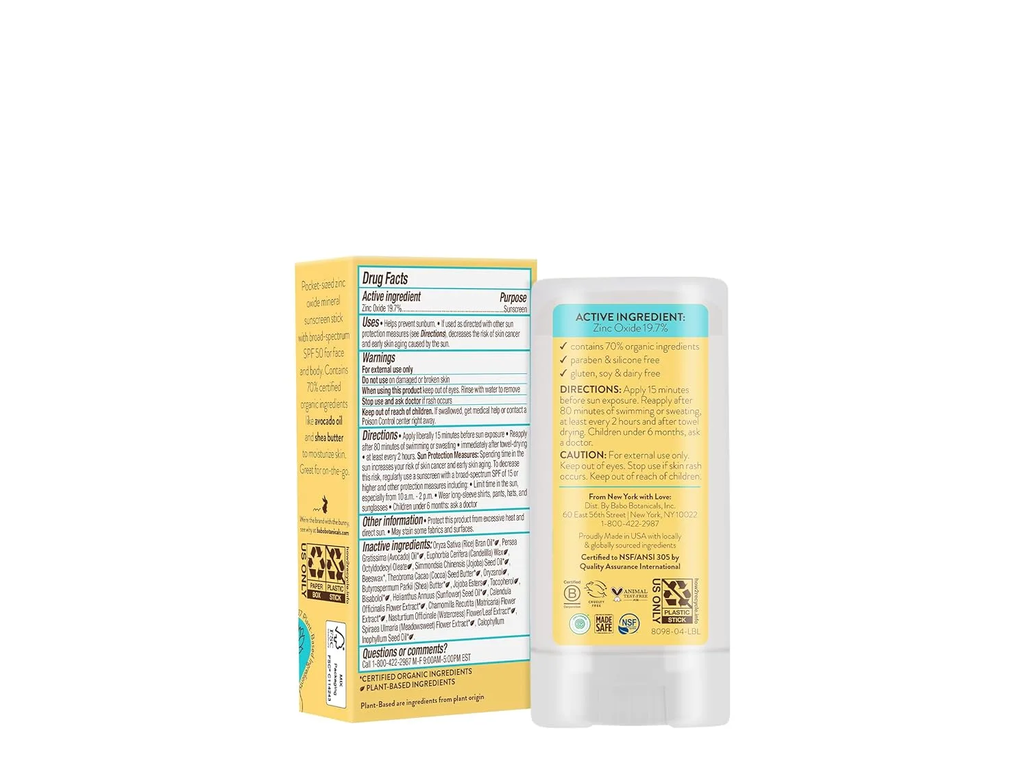 BABO Botanicals Super Shield SPF 50 солнцезащитный стик - 70% органических ингредиентов - натуральный оксид цинка - для всех возрастов - сертифицировано NSF и Made Safe - проверено EWG - водостойкий - без отдушки 17.01 г (1 шт.), Yellow — фото 2