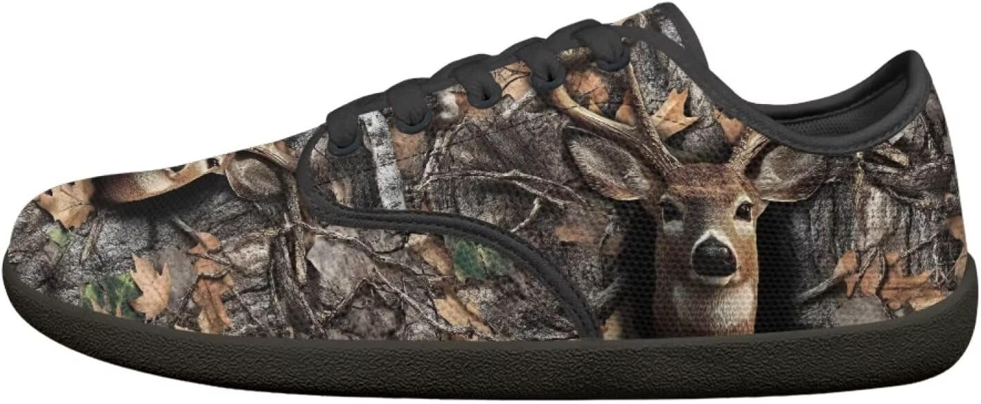 

Мужские кроссовки низкие повседневные с шнуровкой, с широким носком, для ходьбы, кроссовки с подошвой нулевого перепада Pointodoor, Camo Hunting Deer Pattern