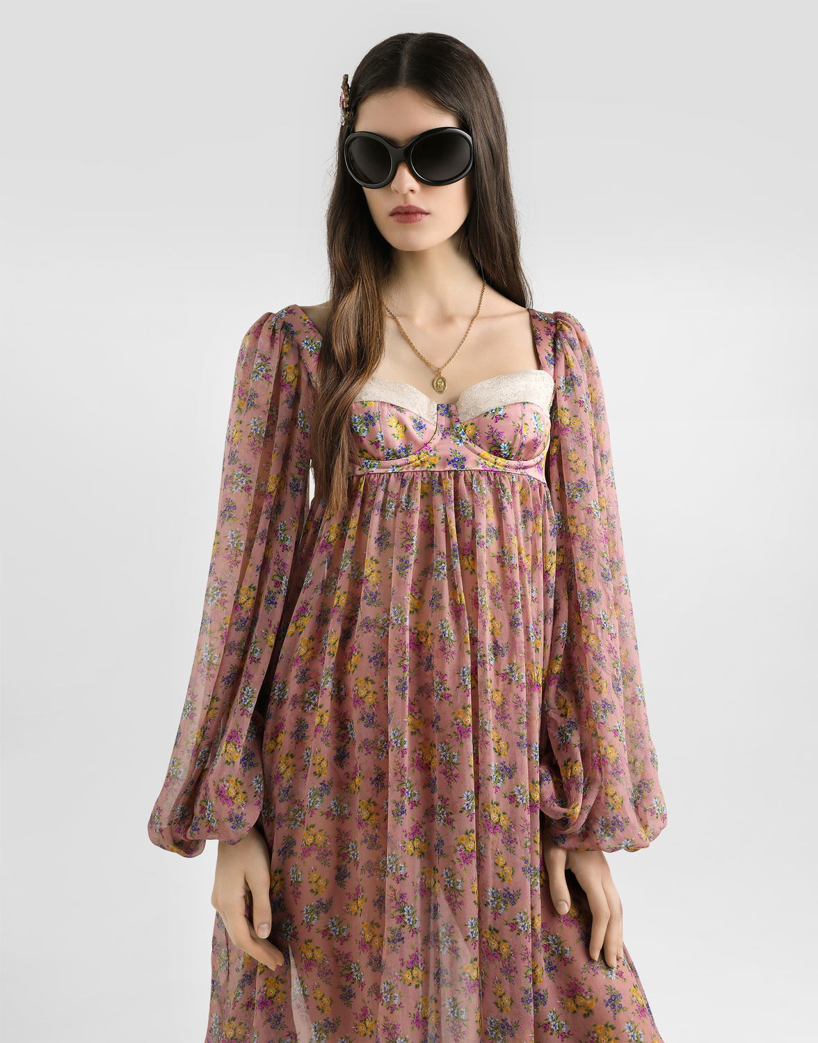 Маленькое шифоновое платье с цветочным принтом и кружевом DOLCE & GABBANA, мультиколор — фото 4