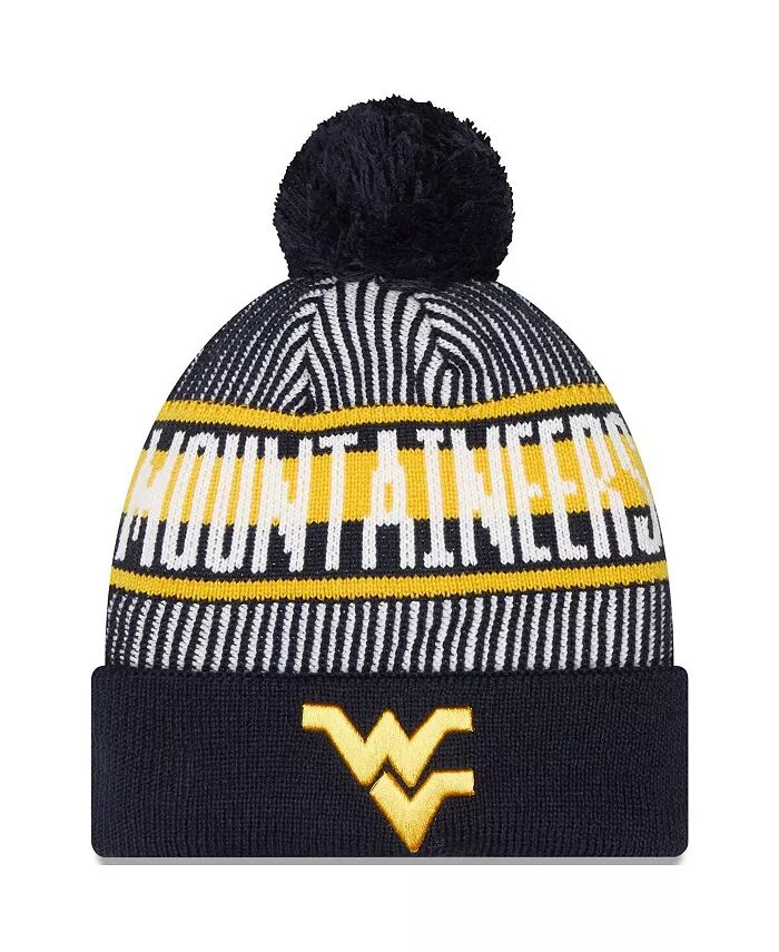 

Мужская темно-синяя вязаная шапка с логотипом West Virginia Mountaineers и полосатыми манжетами, с помпоном New Era