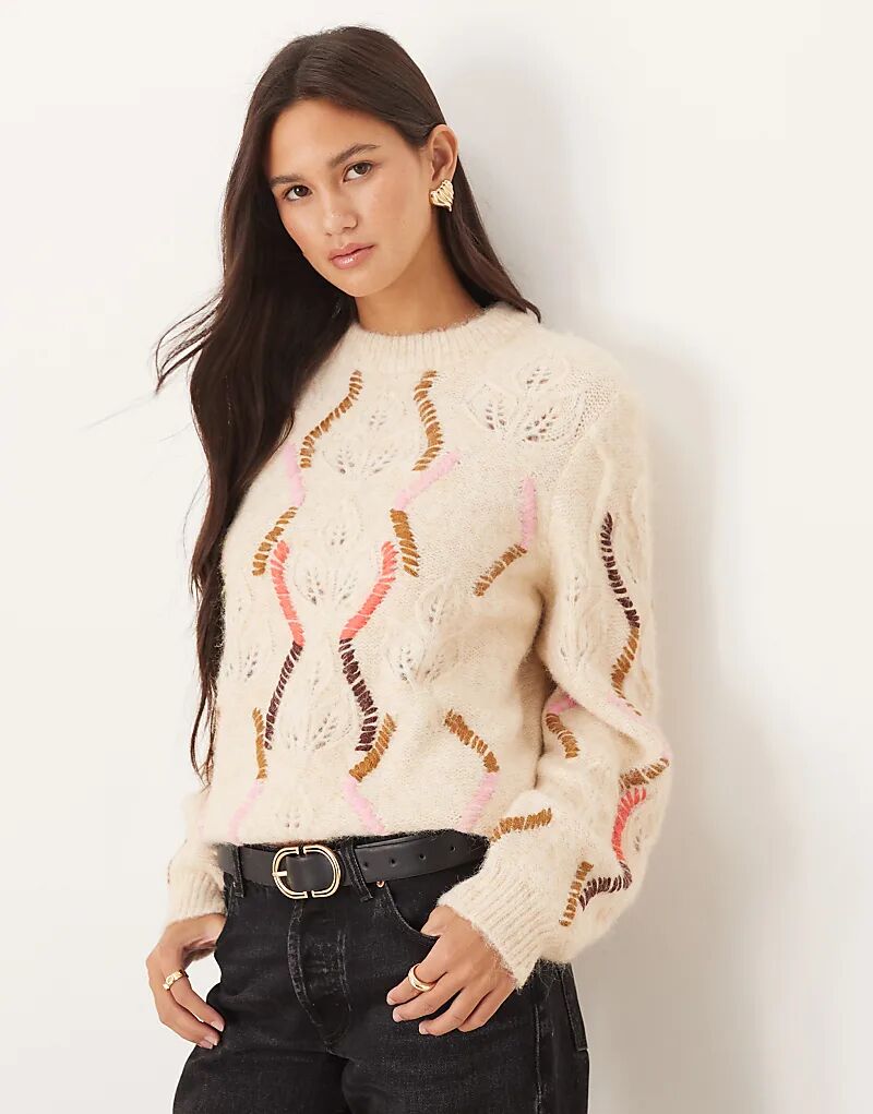 

Джемпер свободного кроя YAS премиум-класса с контрастной строчкой кремового цвета