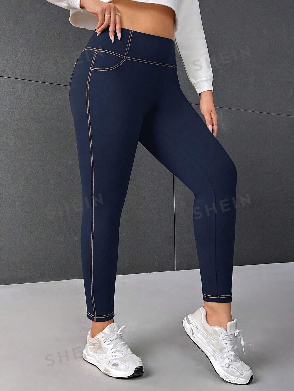 

Леггинсы EZwear Plus, верхний шов, лоскутное шитье, карманы Shein, темно-синий