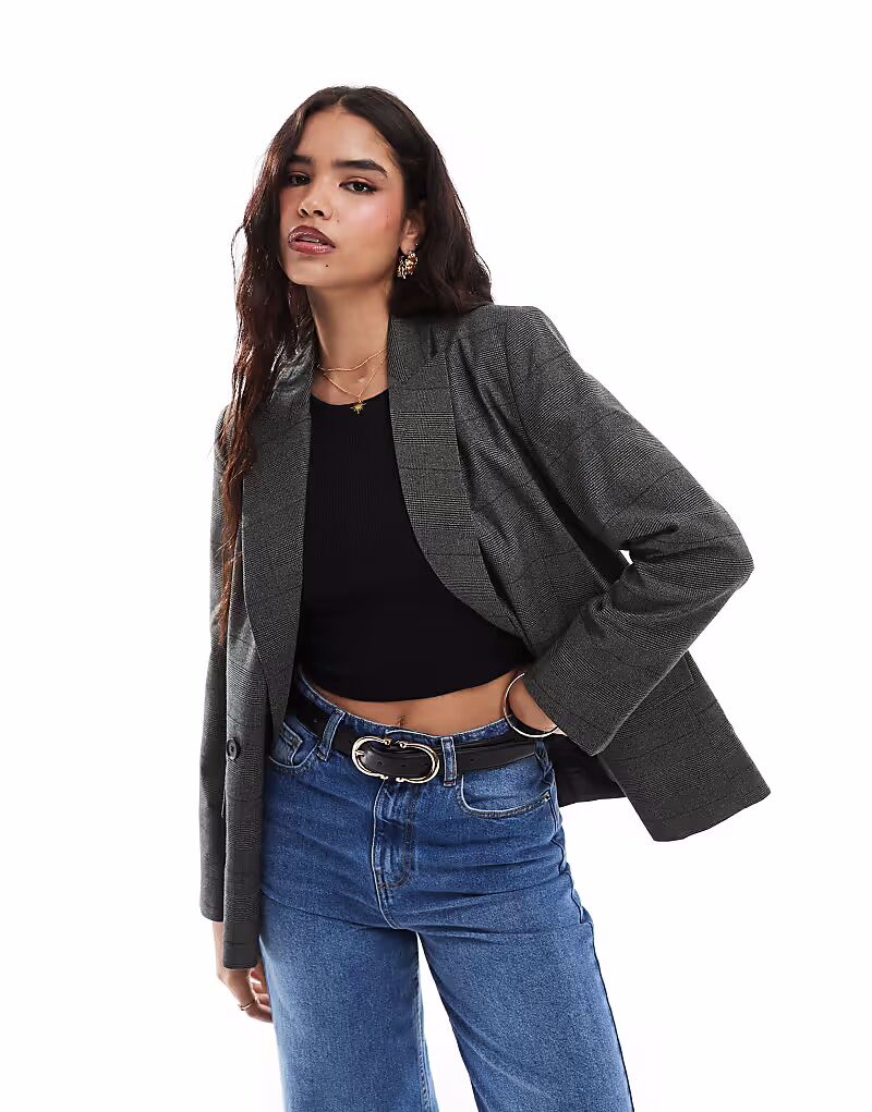 

Двубортный клетчатый пиджак ASOS DESIGN серого цвета