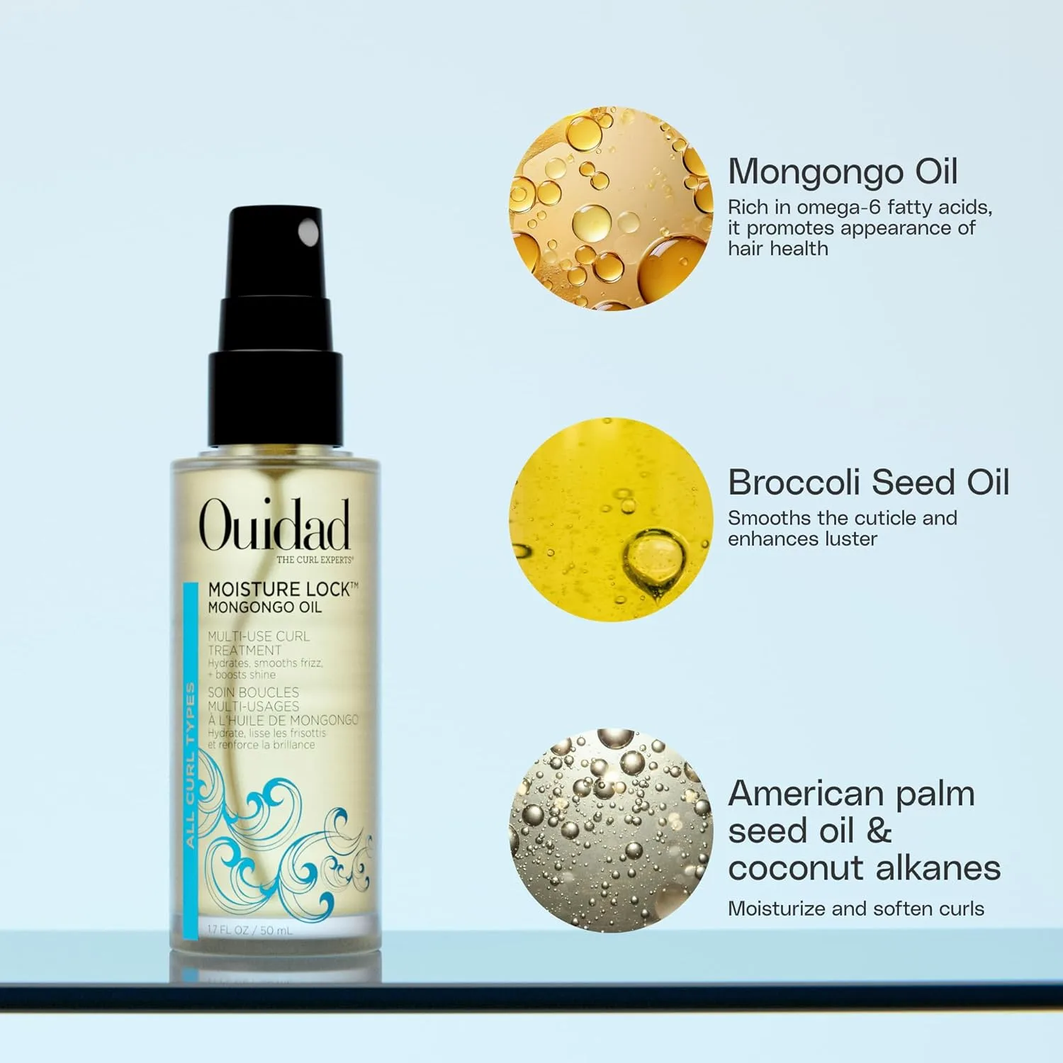 Ouidad Moisture Lock Mongongo масло для вьющихся волос, 1.7 fl oz, несмываемый уход, быстро впитывается, увлажняет, разглаживает, укрепляет и восстанавливает блеск, для всех типов кудрей — фото 3