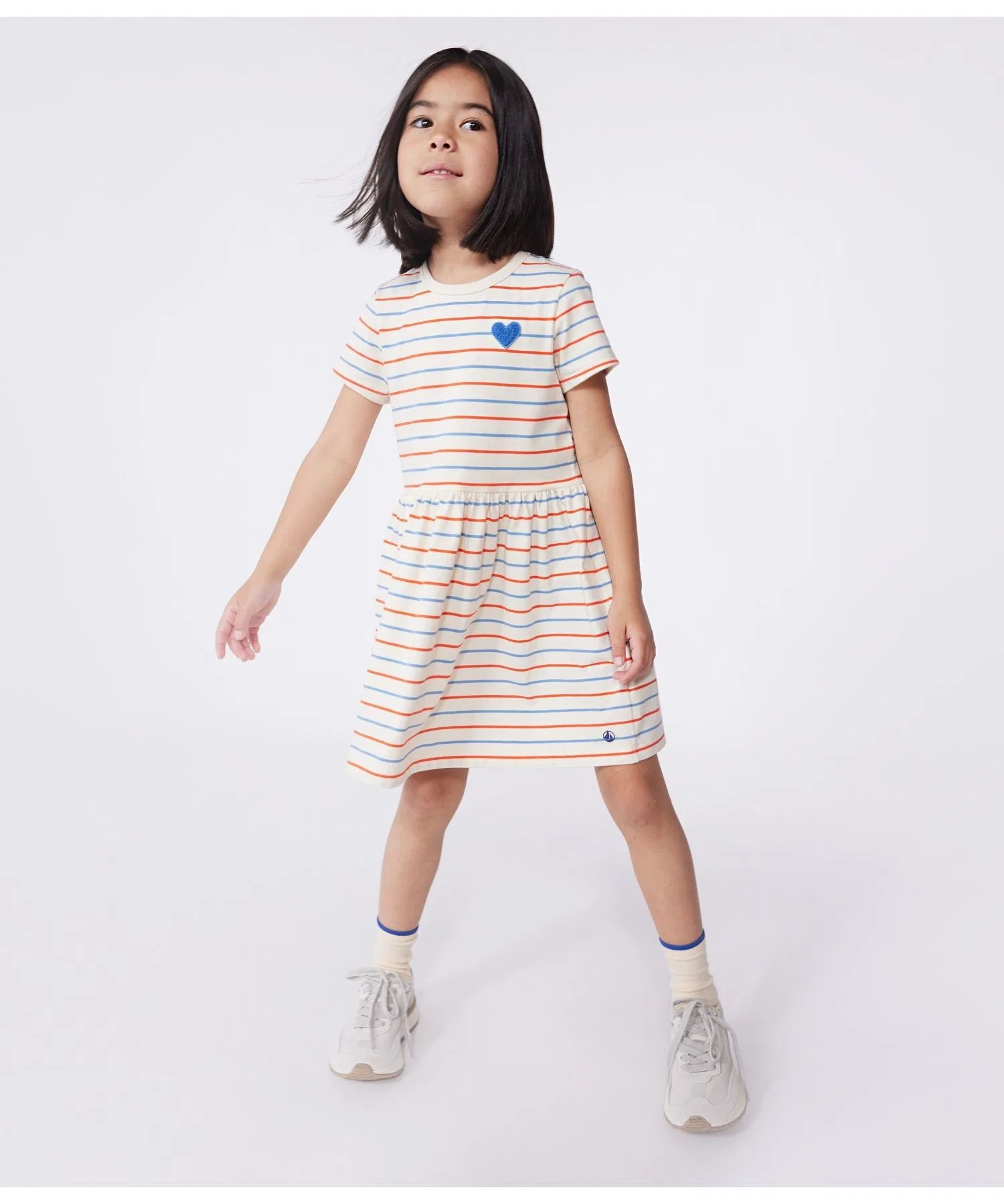 Детское платье с коротким рукавом Petit Bateau в полоску белое