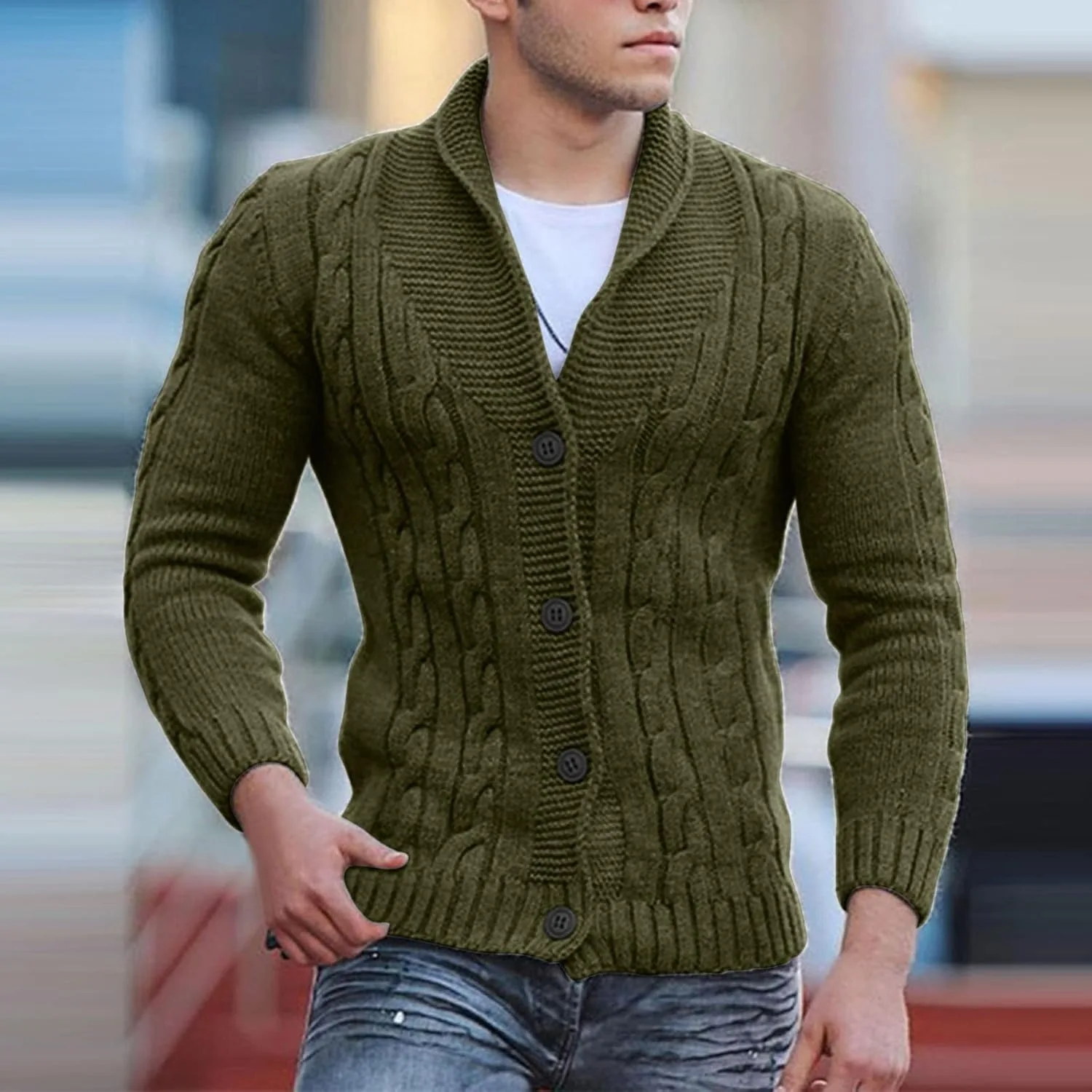 Мужской кардиган с шалькой воротником, slim fit, кабельная вязка — фото 2