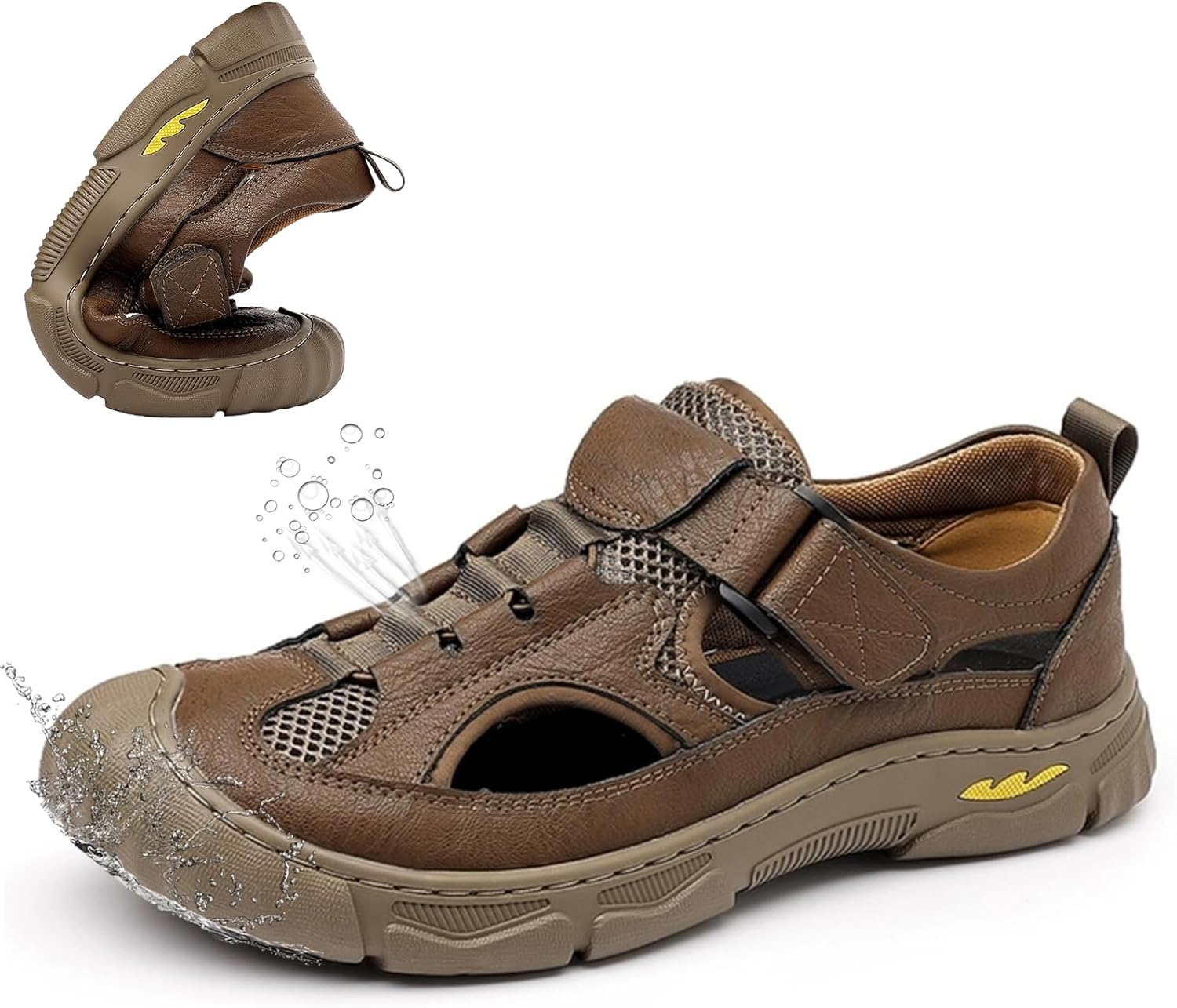 

Мужские кожаные сандалии для хайкинга с перфорацией, регулируемые, дышащие, водонепроницаемые, для пляжа и спорта, повседневные, для путешествий и активного отдыха Generic, хаки