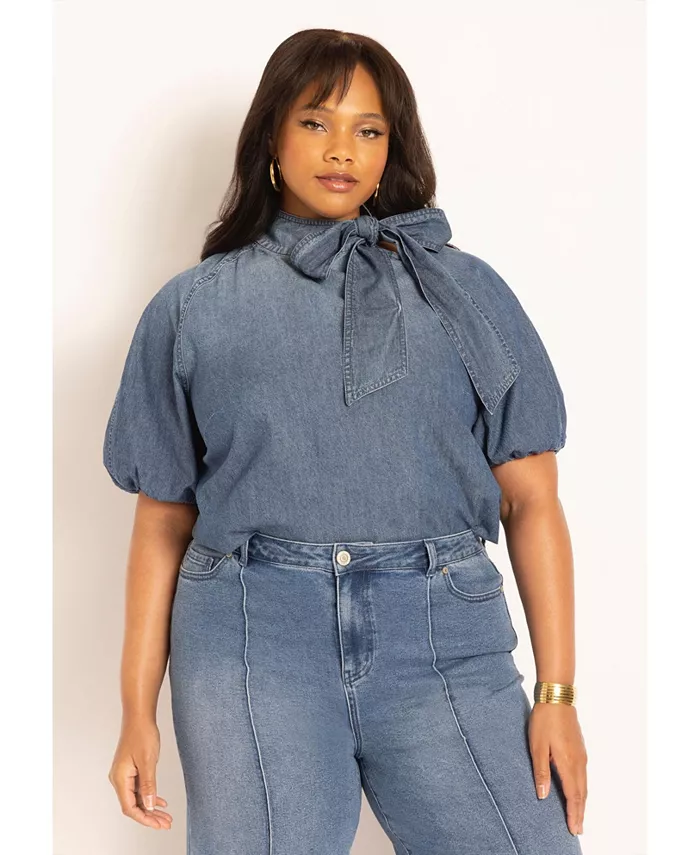 

Женский топ из шамбре с рукавами-фонариками и завязкой на шее ELOQUII, синий