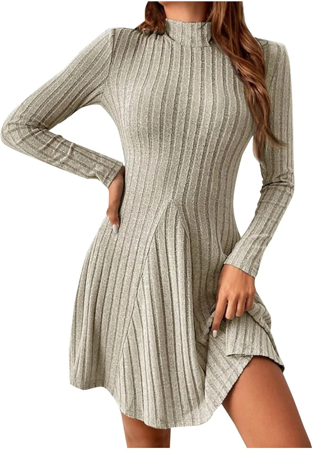 Женское вязаное платье-мини фасона bodycon с длинным рукавом и воротником-стойкой, эластичное, мягкое, струящееся, элегантное, повседневное Generic, хаки