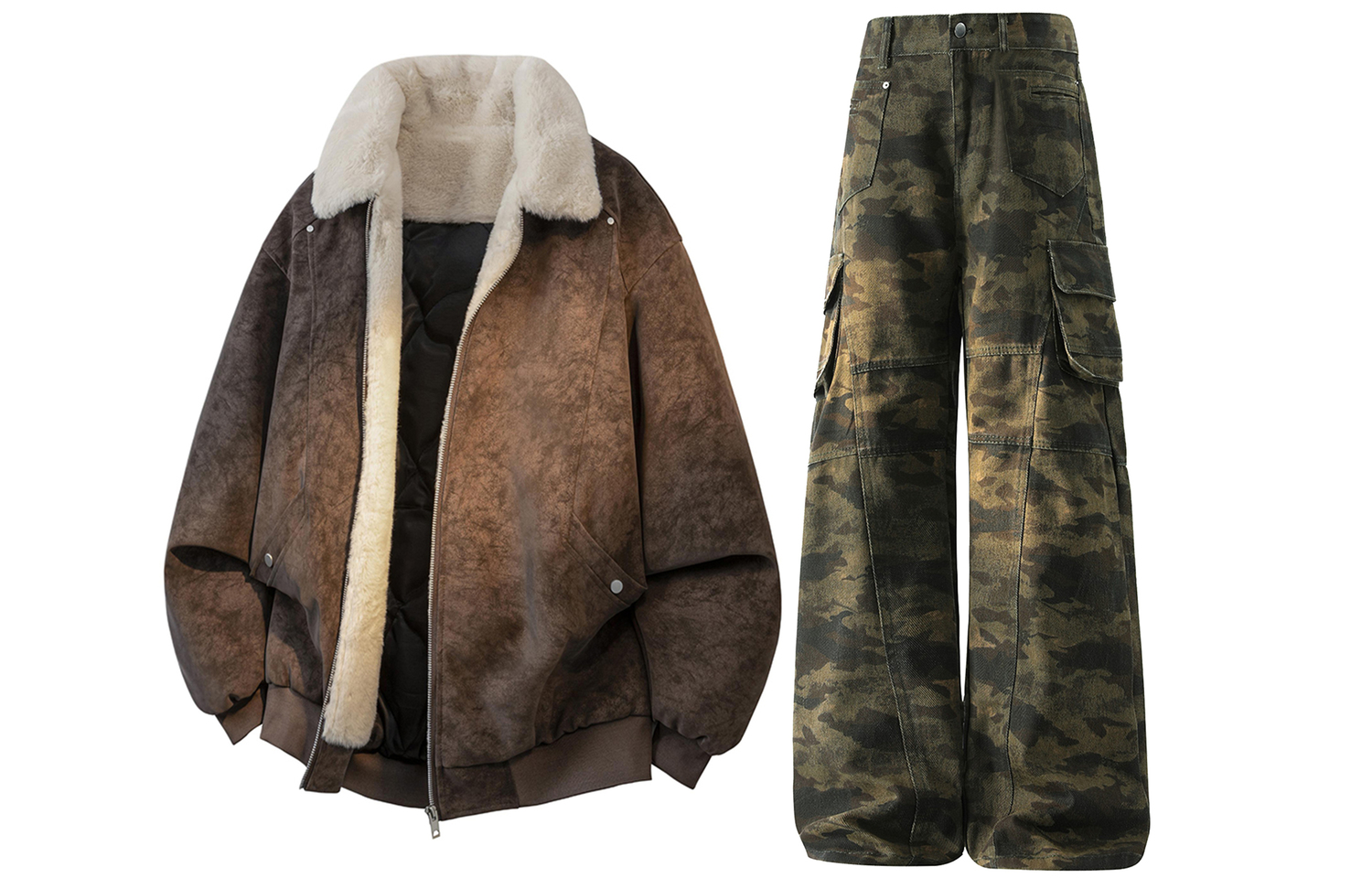 

Повседневный спортивный костюм Unisex с лацканами, утолщенный и с флисовой подкладкой X1617, coffee jacket+camouflage jeans