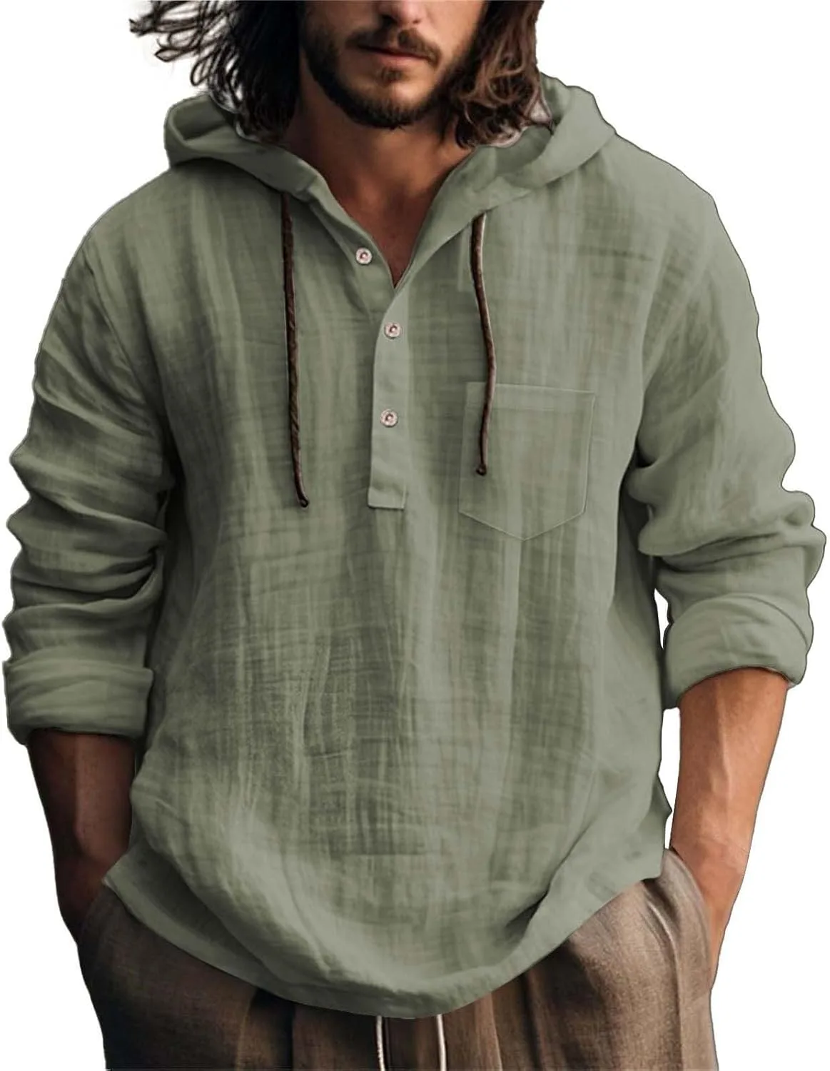 

Льняная рубашка для мужчин с капюшоном и кулиской