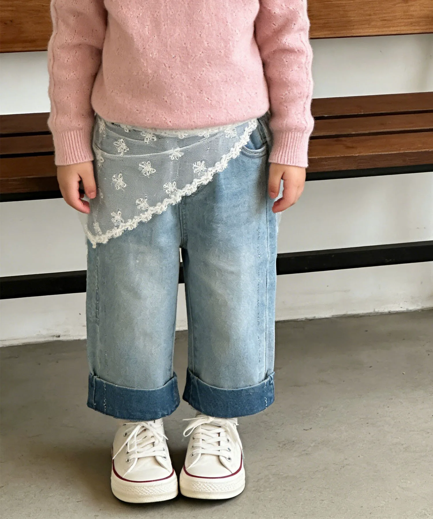 Детские джинсовые брюки с кружевным платком Aimoha Kids, blue — фото 2