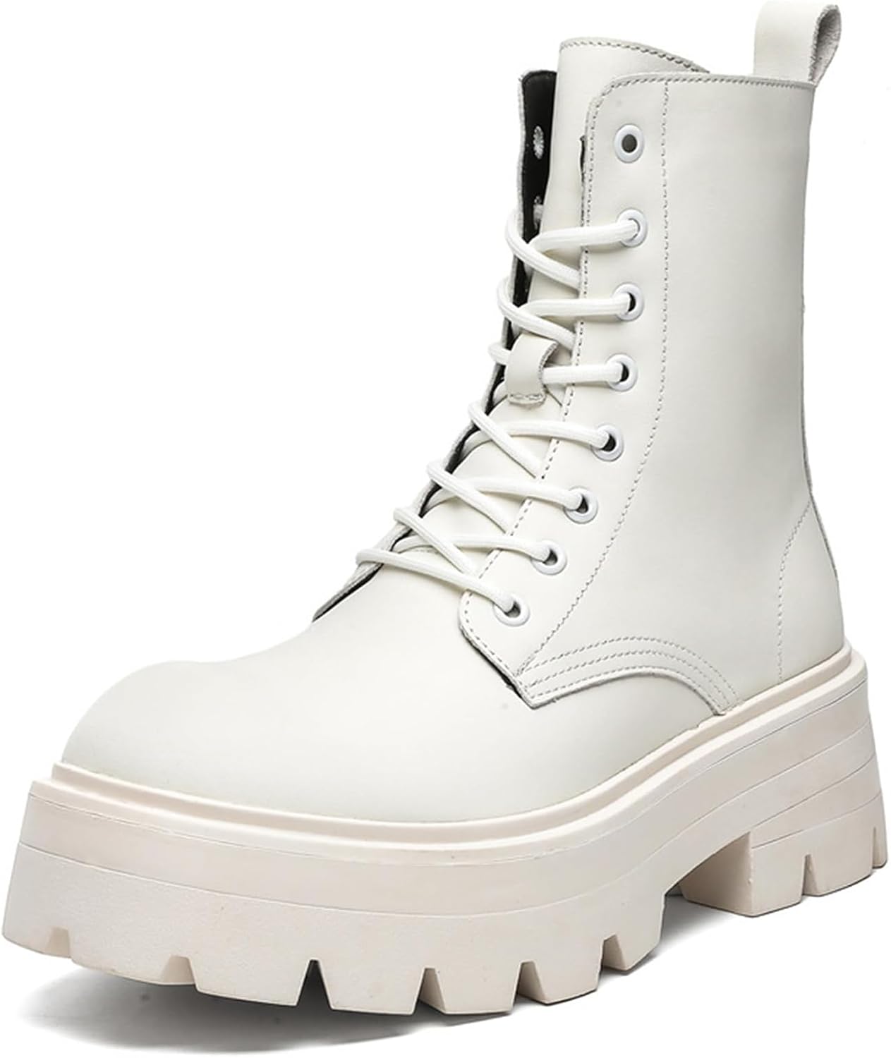 

Мужские кожаные ботинки на шнуровке с платформой, боевые ботинки, кожаные оксфорды на платформе, ретро, широкий носок, боковая молния, комфортный массивный каблук с протектором Generic, белый