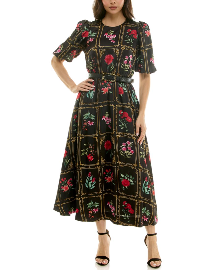 

Женское миди-платье с поясом и пышными рукавами Taylor, Black multi