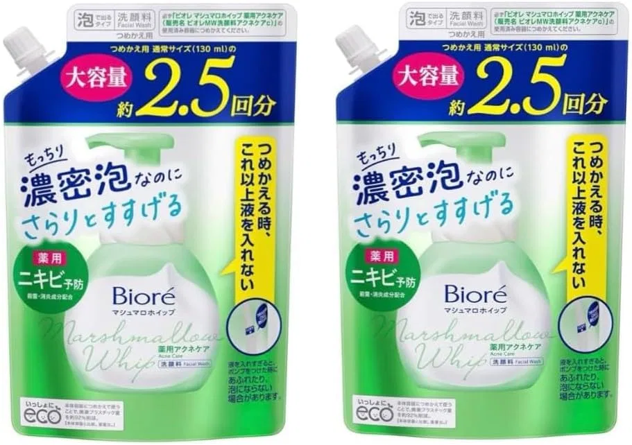 Гель для умывания пенящийся Bio Le Marshmallow Whip medicated acne care refill, большой объем 330 мл, набор 2 шт, зеленый цветочный аромат