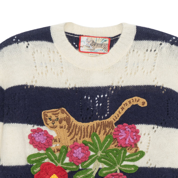 Свитер tiger wool sweater with embroidery tiger and flower 'ivory navy' Gucci, белый — фото 3
