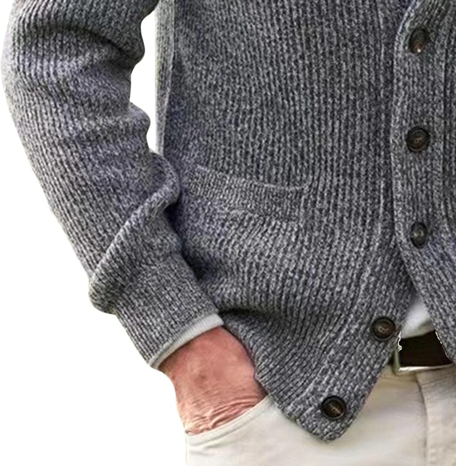 Мужской кардиган с шальным воротником, осенний, slim fit, с кабельной вязкой и карманами — фото 3
