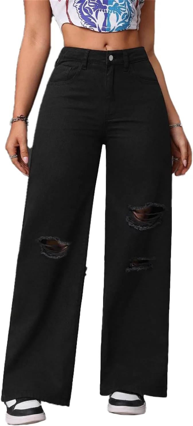 

Джинсы для женщин Plus Size Wide Leg с ринстоунами, рваные джинсы High Waisted Stretchy