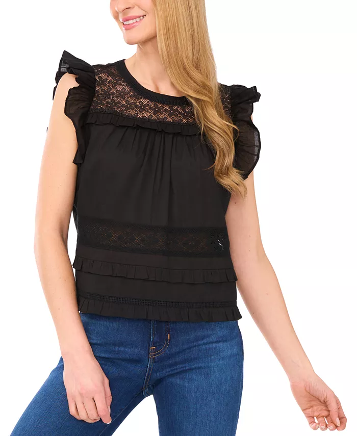 

Женская блузка с кружевными вставками и рюшами CeCe, черный
