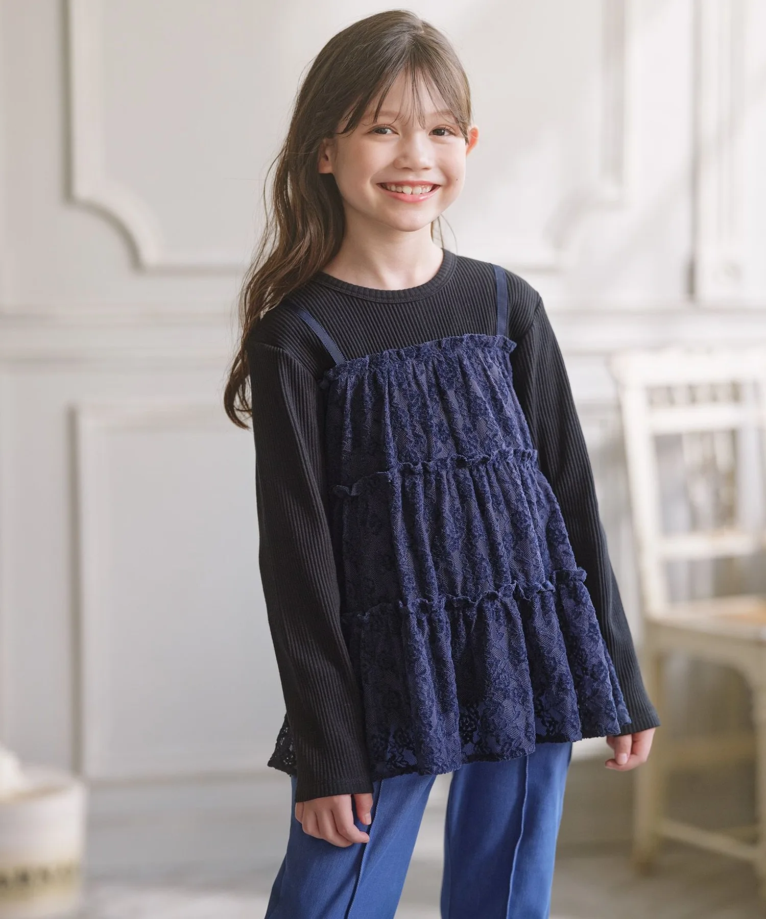 Детская футболка с кружевным верхом Kumikyoku, тёмно-синяя