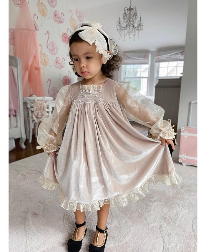 Велюровое платье Helena для девочек Petite Maison Kids с пышными рукавами из органзы — Baby, Little Kid, Big Kid, коричневый/бежевый — фото 4