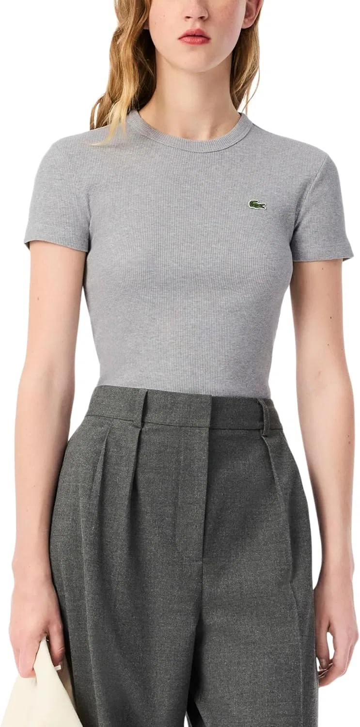 Футболка Lacoste женская приталенная в рубчик, органический хлопок, зеленый