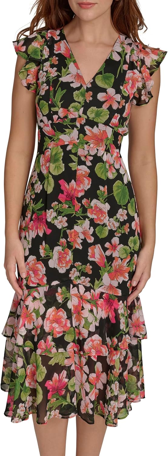 

Женское шифоновое платье Tommy Hilfiger Hi Lo с рукавами-крылышками, V-образным вырезом и оборками, Black Floral Combo