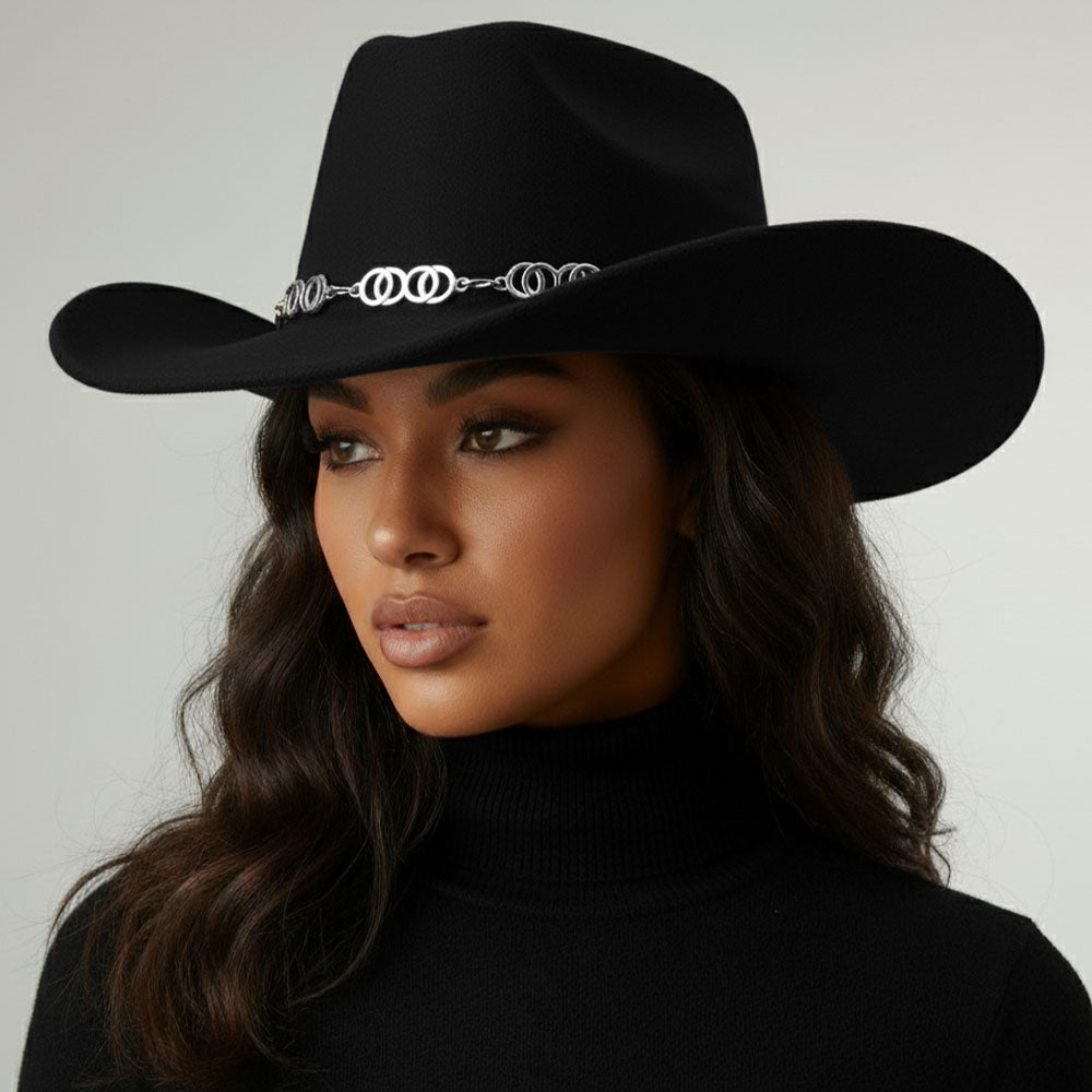 

Шляпа-федора в западном стиле с акцентом из полированной металлической цепочки FASHNZFAB, черный, родий