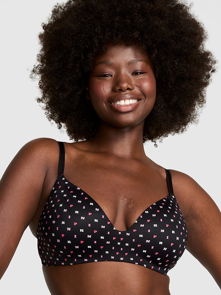 

Носите везде бюстгальтер с легкой подкладкой и косточками Pink Wear Everywhere, smooth black scattered logo print