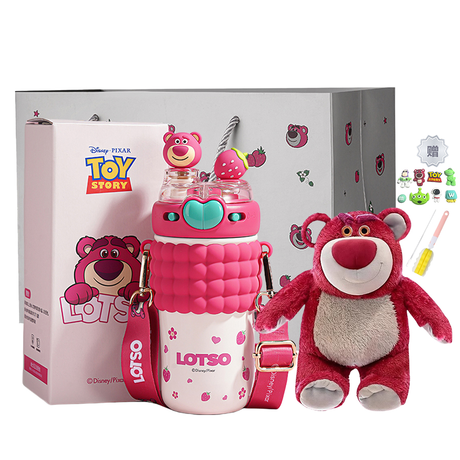 Детский термос Strawberry Bear Disney «Double Drink», 520 мл, Lotso + мягкая игрушка, ершик, наклейки, пакет