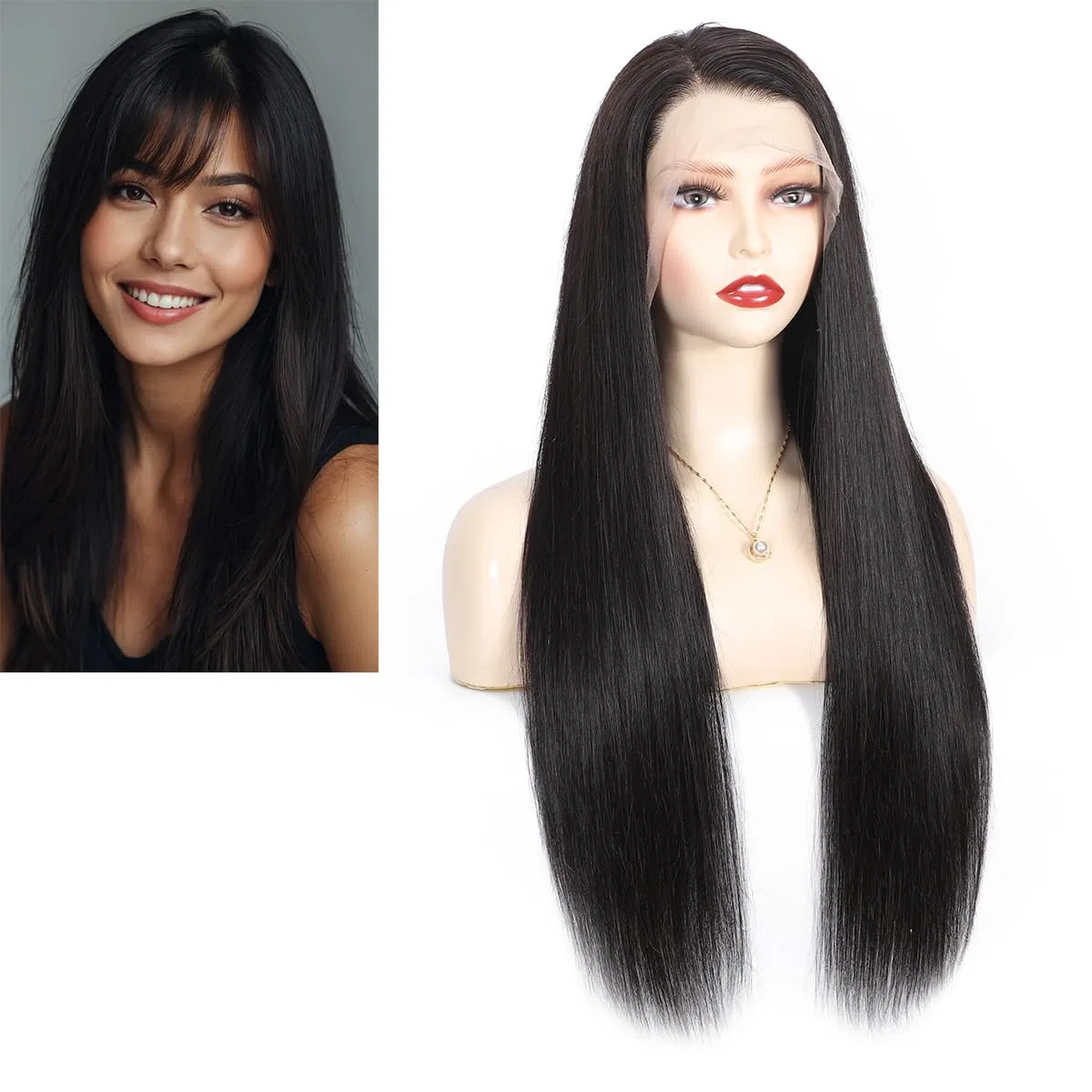 Женский парик из натуральных прямых волос с челкой Larafona Larafona, Natural Black #