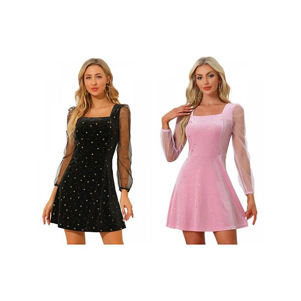 

2 упаковки женского платья с длинными рукавами из сетки и бархата Allegra K, Black Pink