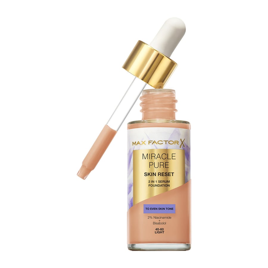 Питательная тональная основа с сывороткой Max Factor Miracle Pure 2 в 1 Skin Reset с веганской формулой, обогащенная ниацинамидом и бисабололом №. 40-60 Светлый, 30 мл — фото 2