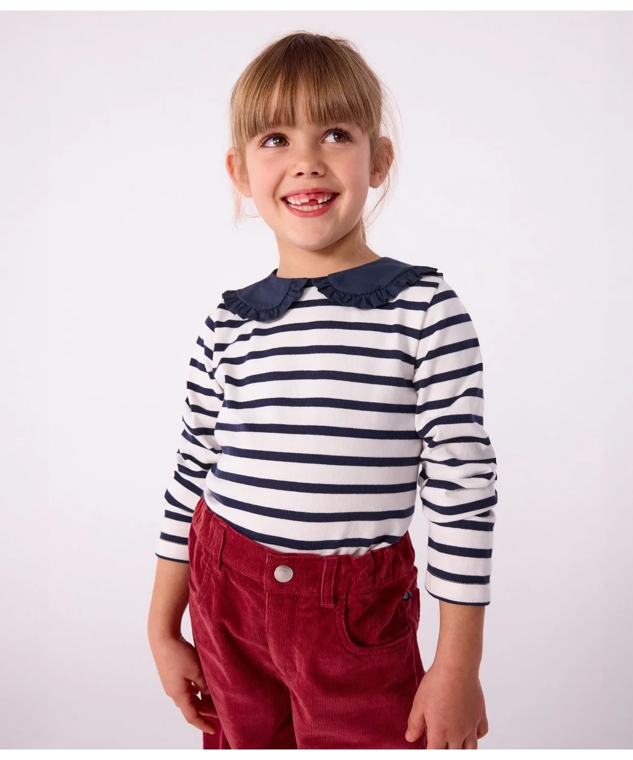 Свитер детский с воротником-рюш Petit Bateau в полоску бело-синий