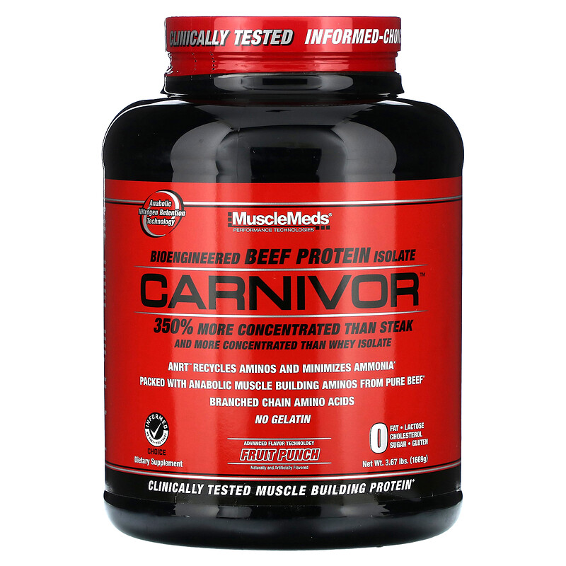 

MuscleMeds, Carnivor, изолят говяжьего белка, созданный путем биоинженерии, со вкусом фруктового пунша, 1669 г (3,67 фунта)