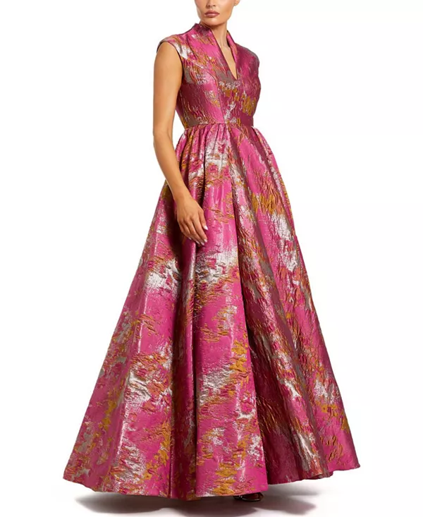 

Бальное платье из металлизированного жаккарда с воротником-стойкой Mac Duggal, розовый