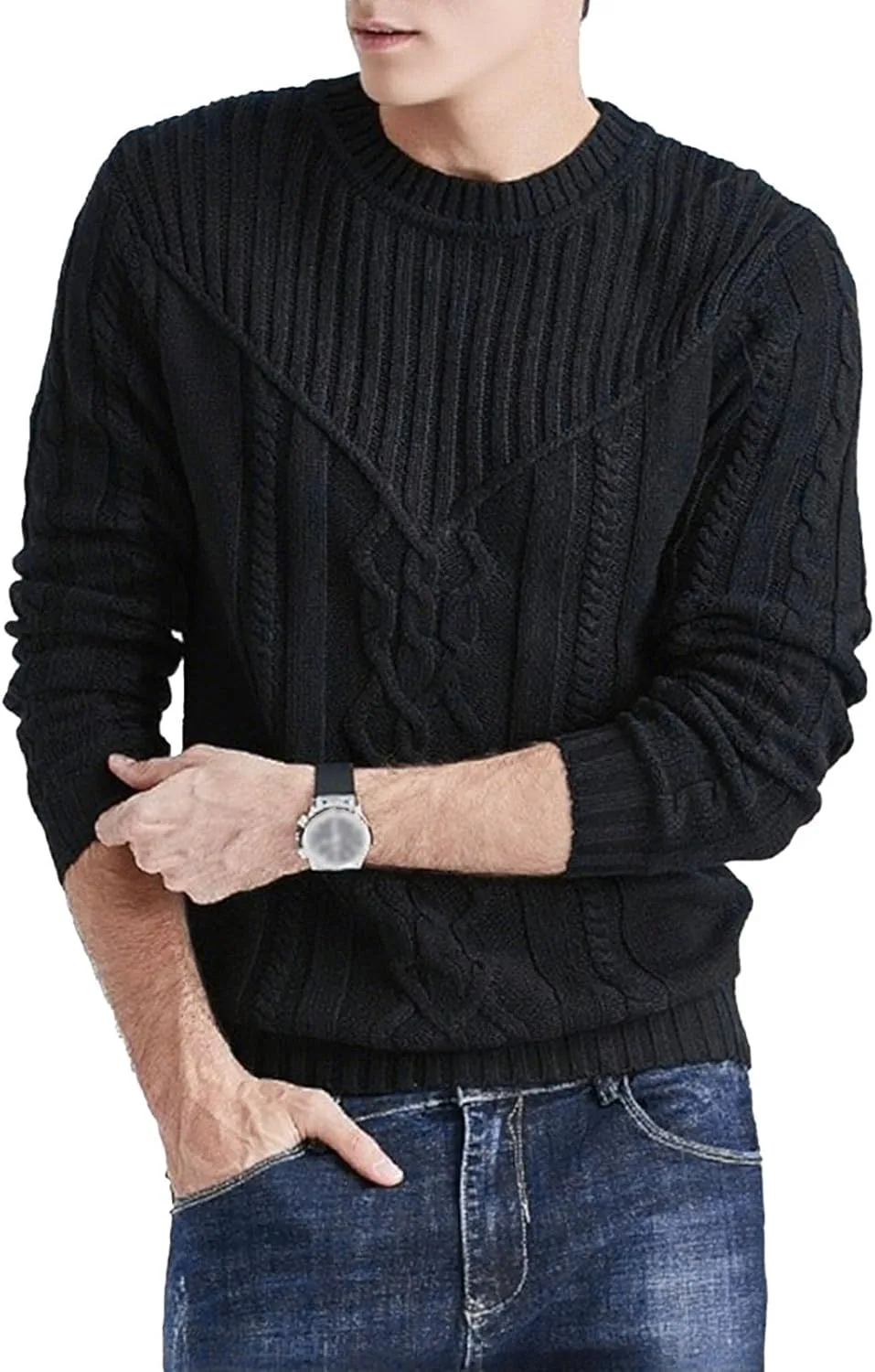 

Мужской свитер с длинным рукавом и косой вязкой SWJGLITTR