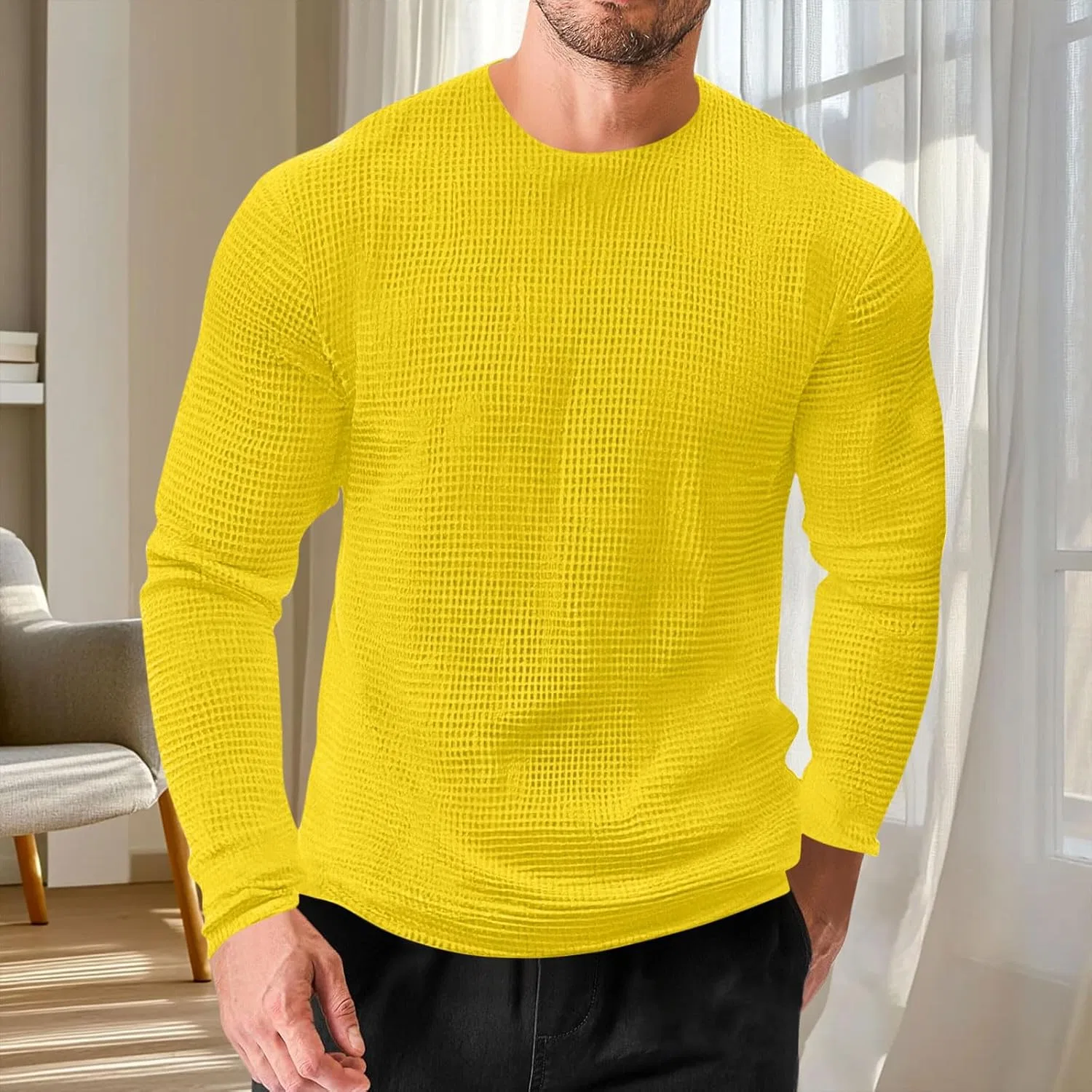 Мужская футболка с длинным рукавом, вафельная, дышащая, Generic, цвет X001# Yellow — фото 3