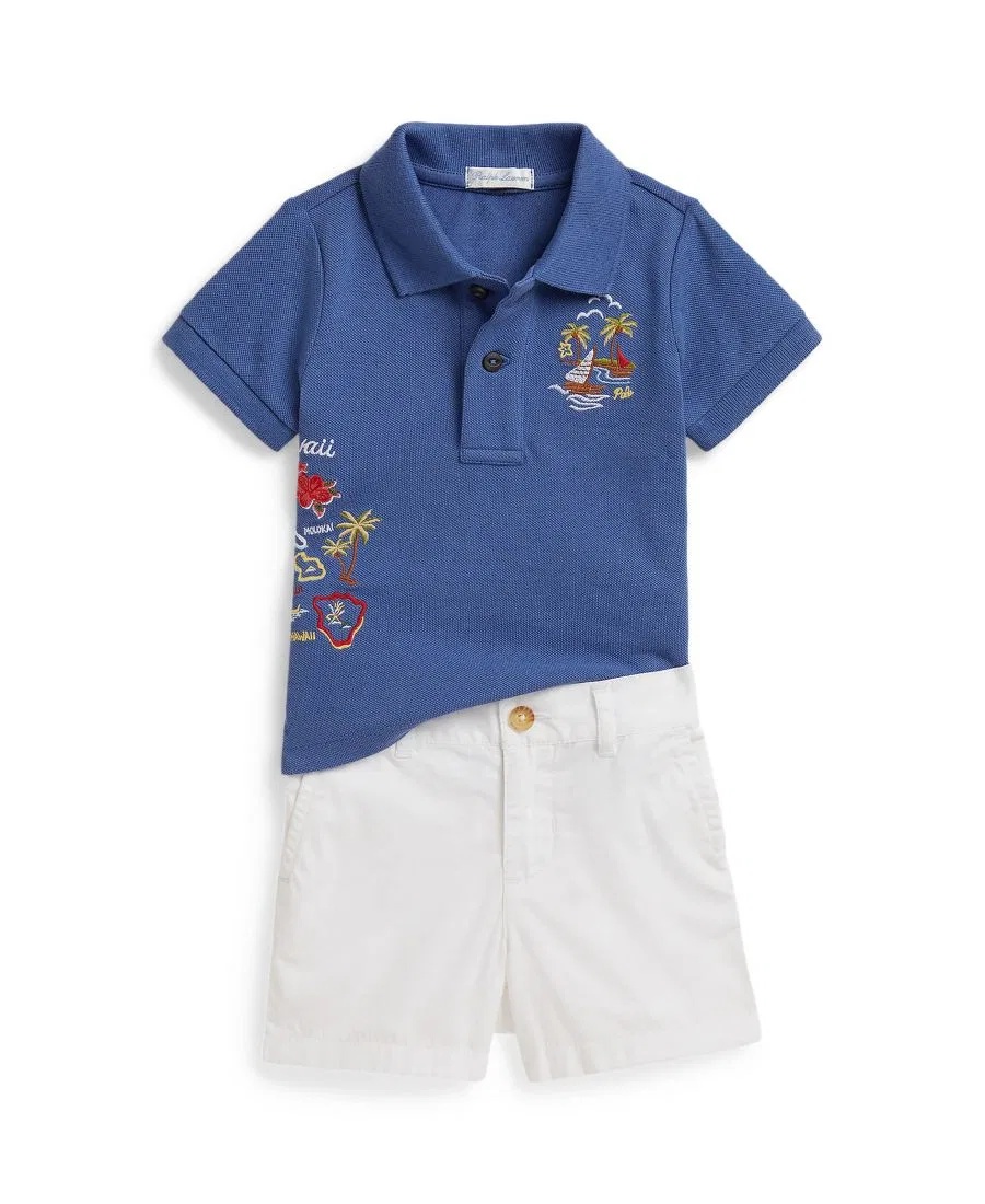 Детский комплект для мальчика: поло из вышитой сетчатой ткани и шорты Polo Ralph Lauren, синий/белый