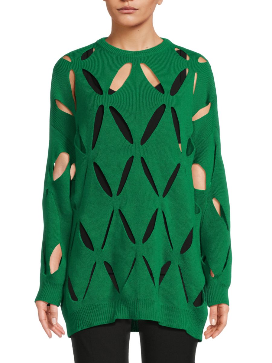 

Удлиненный свитер из натуральной шерсти с ребристым вырезом Valentino, цвет Basil Green