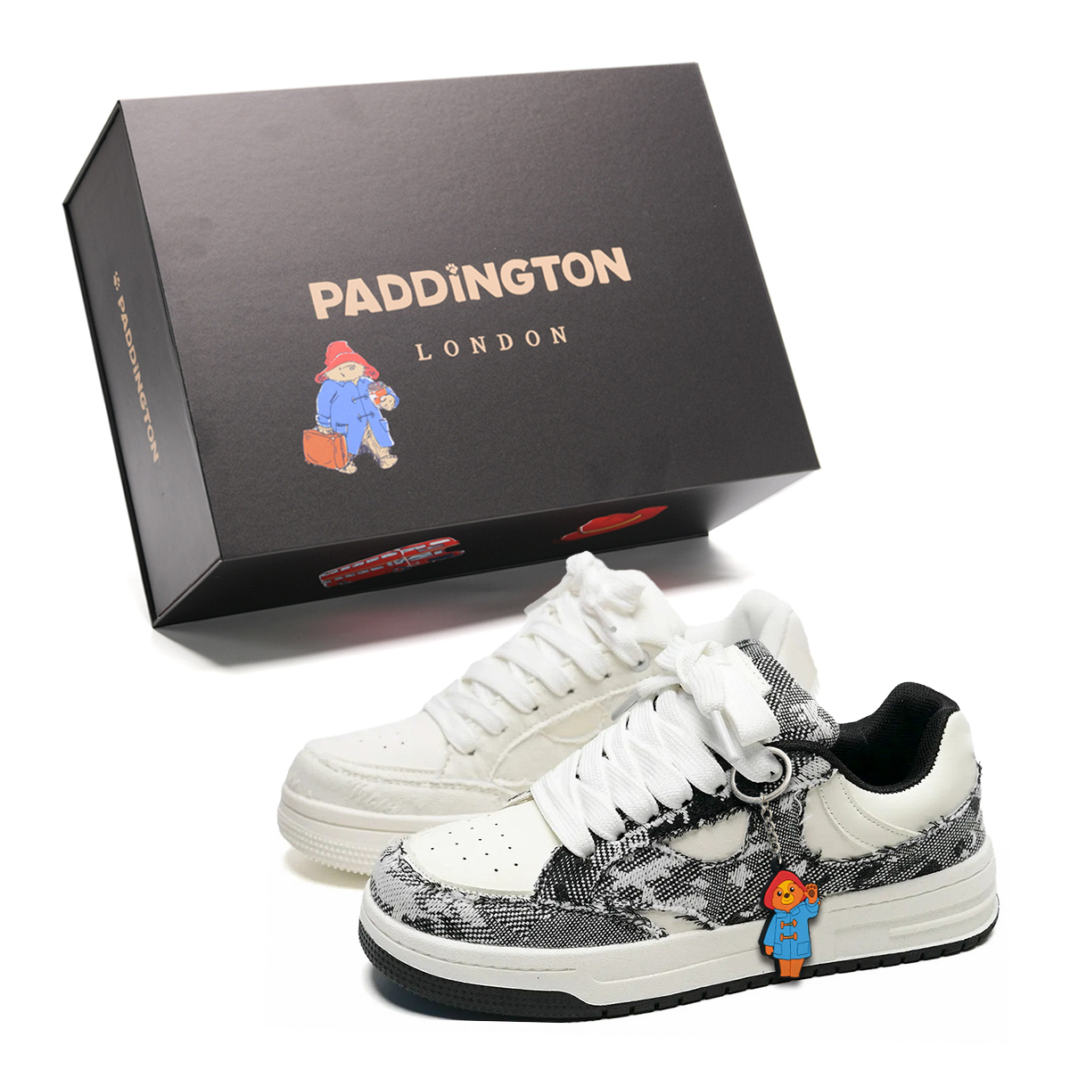 

Paddington Bears Износостойкие и легкие низкие скейтерские кроссовки унисекс черно-белые непарные (бонус: пряжка с медвежонком Паддингтоном)