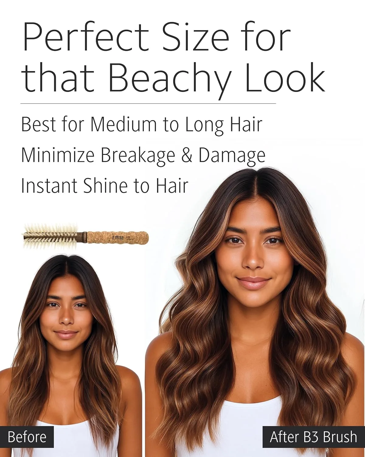 Круглая щетка для волос Ibiza Hair с щетиной из кабаньей щетины (серия B) | Светлая щетина, пробковая ручка | Идеально подходит для окрашенных и тонких волос | Придает текстуру и блеск B3, White — фото 4