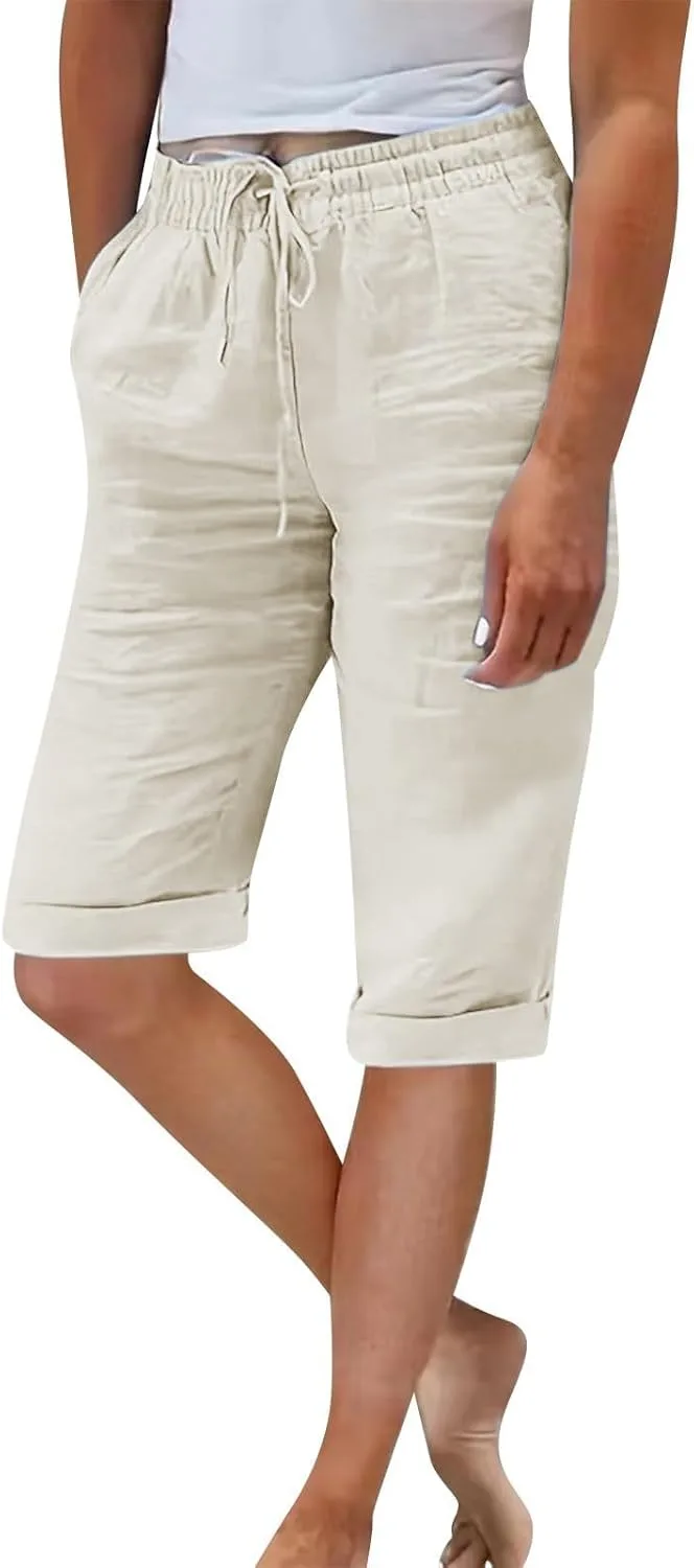 

Бермуды для женщин: хлопок-лён, длина до колена, эластичный пояс Kifszeury