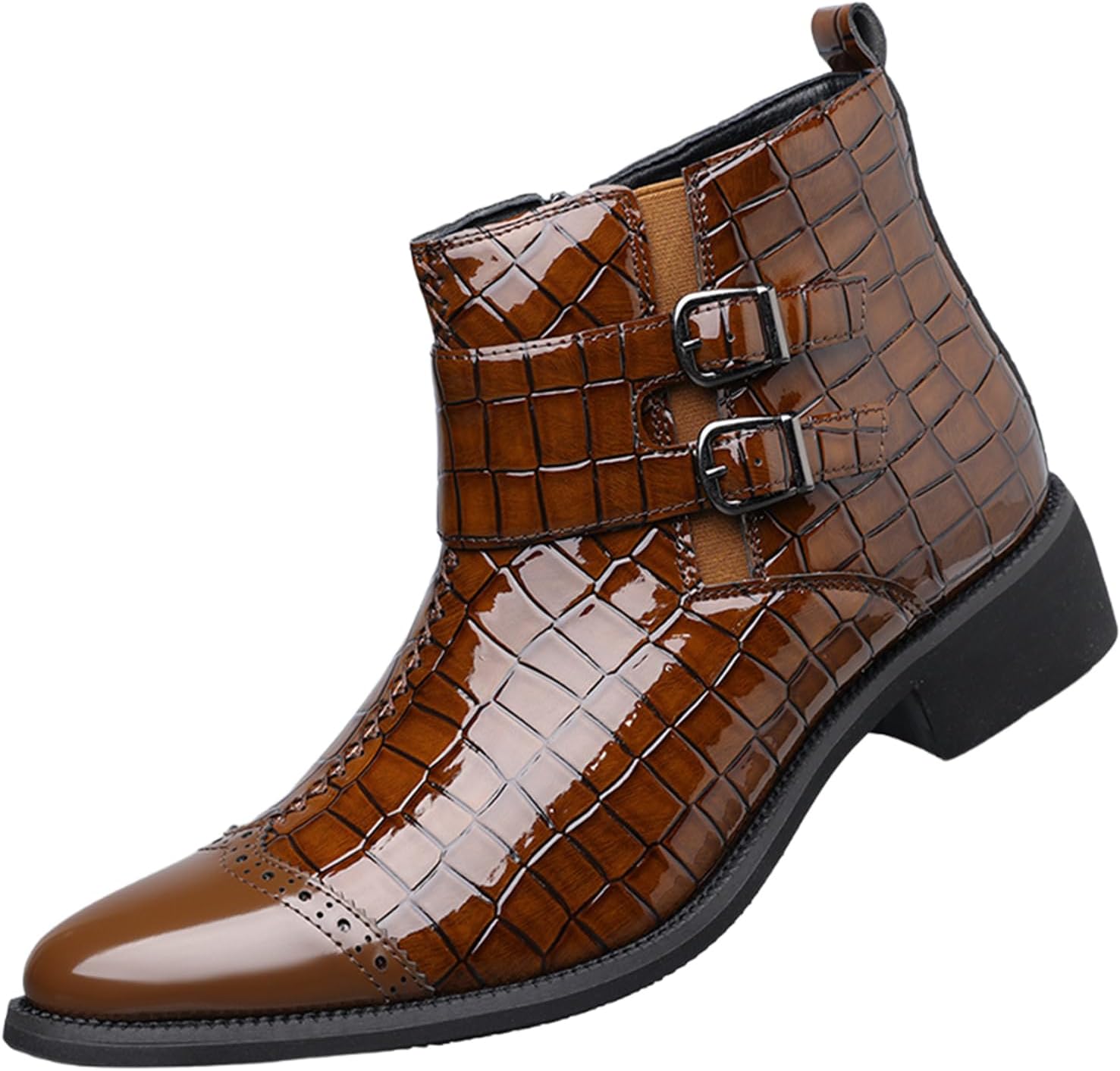 

Мужские кожаные ботинки челси с тиснением под крокодила, боковой молнией, модным заостренным носком, ремешком на щиколотке, массивным каблуком-кубиком и эластичной вставкой, деловые ботильоны Nxnbhsl, коричневый