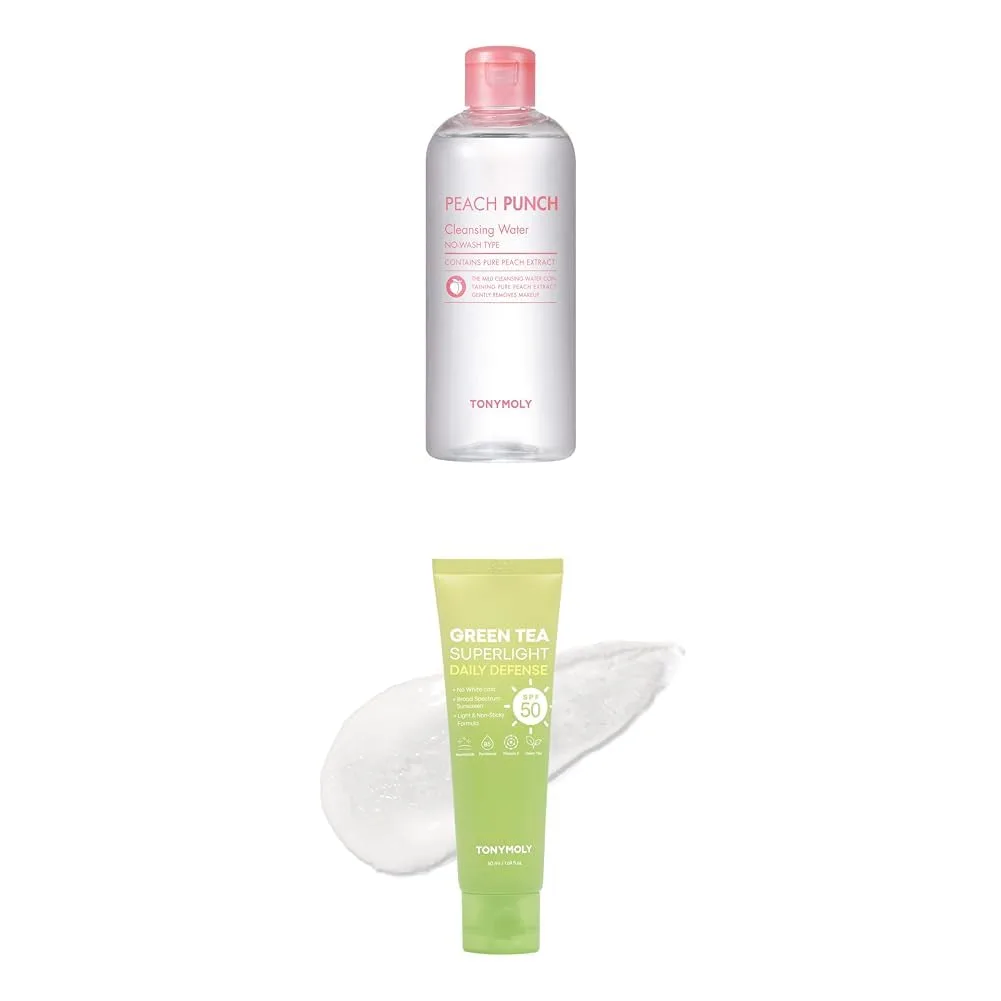 Набор TONYMOLY Peach Punch Cleansing Water, 355 мл + Green Tea Korean Sunscreen для лица, дорожный размер SPF 50, нежирный с ниацинамидом, пантенолом и гиалуроновой кислотой, 50 мл, GREEN
