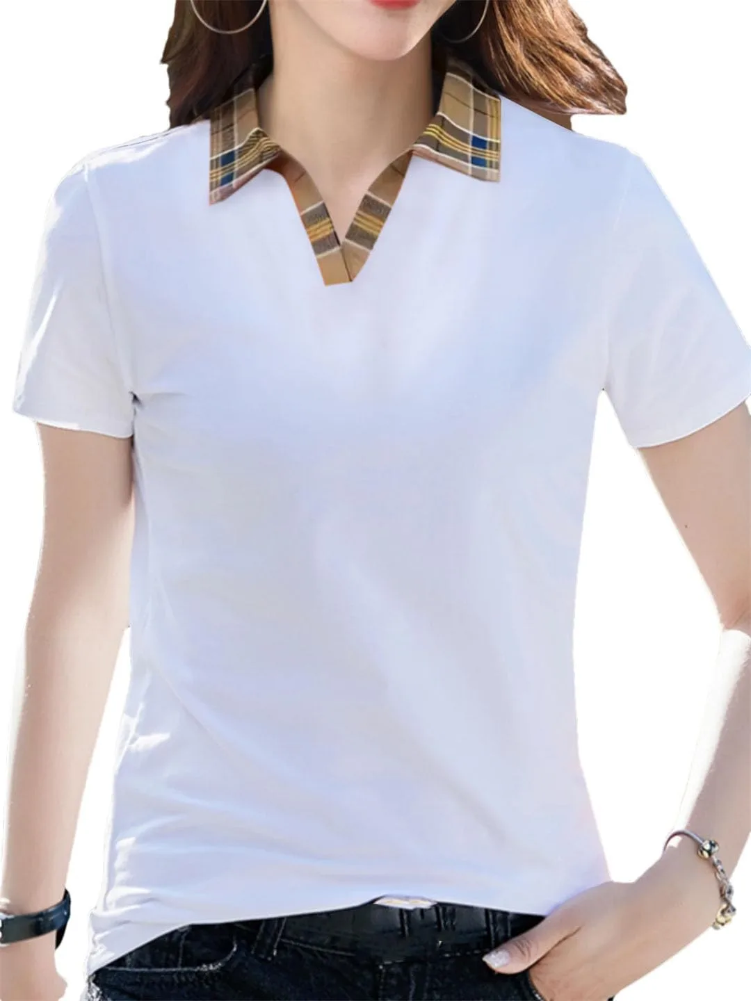 

Женская однотонная короткая рукав поло с клетчатым воротником