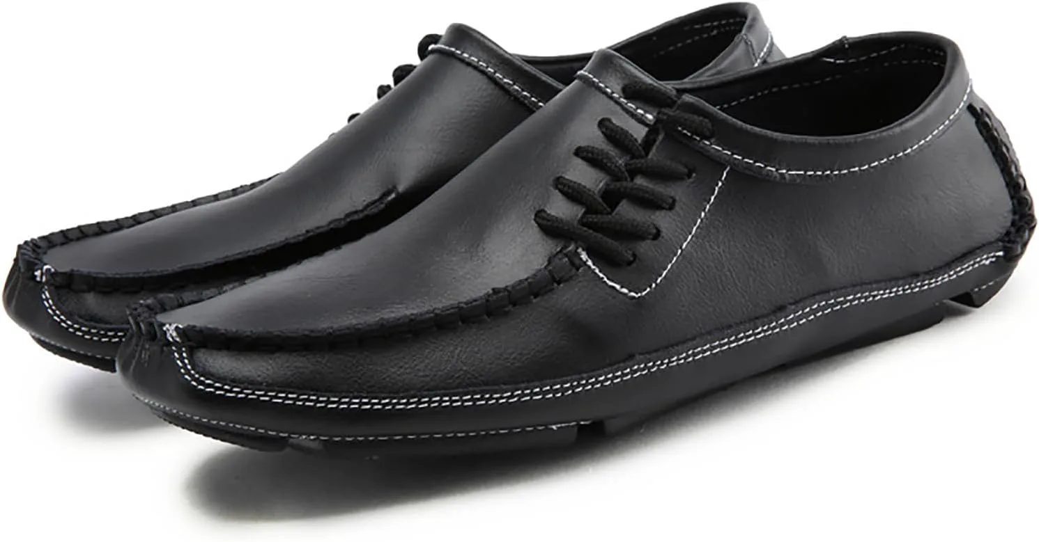 

Мужские кожаные лоферы с шнуровкой и ручной строчкой, плоские, легкие, мягкие, без шнурков, с противоскользящей подошвой, мокасины для прогулок на улице и вождения автомобиля LVOMU, черный