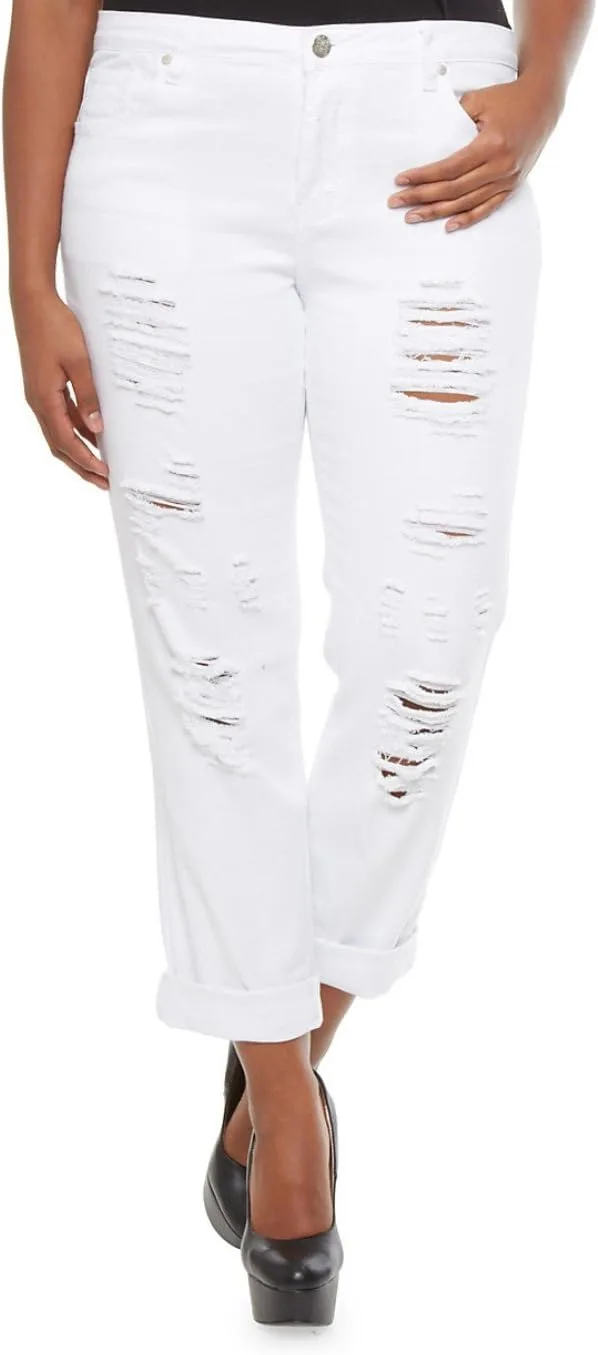 

Cello Womens Plus Size Ripped Skinny Roll up White Denim Jeans Cello Jeans