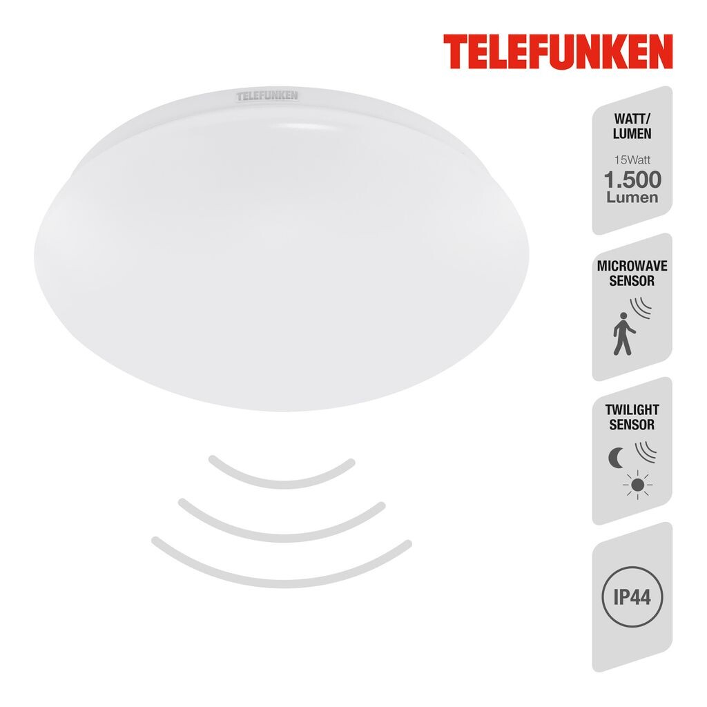 

Telefunken REWNA - Светодиодный потолочный светильник - 602006TF - Датчик движения - Дальность действия датчика 8 м - Настройка времени 5 секунд, 1 минута, 3 минуты, 10 минут. - Светочувствительность - IP44 - 25 000 часов - 28 х 9,5 см, белый